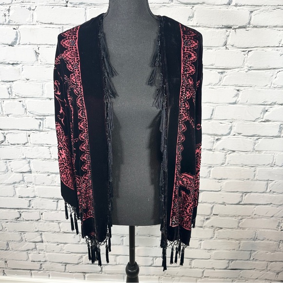 MSK Other - *Sold* Vtg MSK Silk Burnout Velvet Kimono Cardigan 1X Black Beaded Whimsygoth